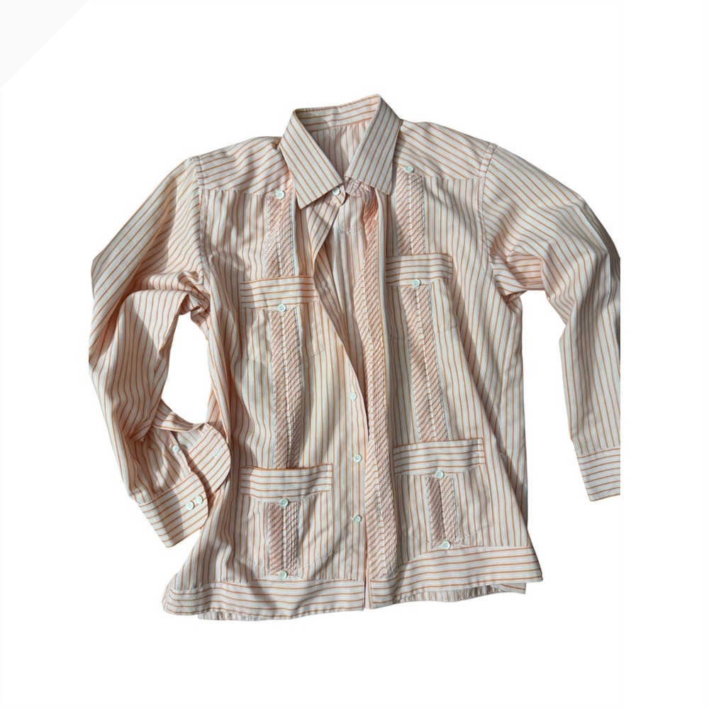 Vintage Orange Striped Guayabera Long Sleeve Shirt Cuban Wedding Button Down